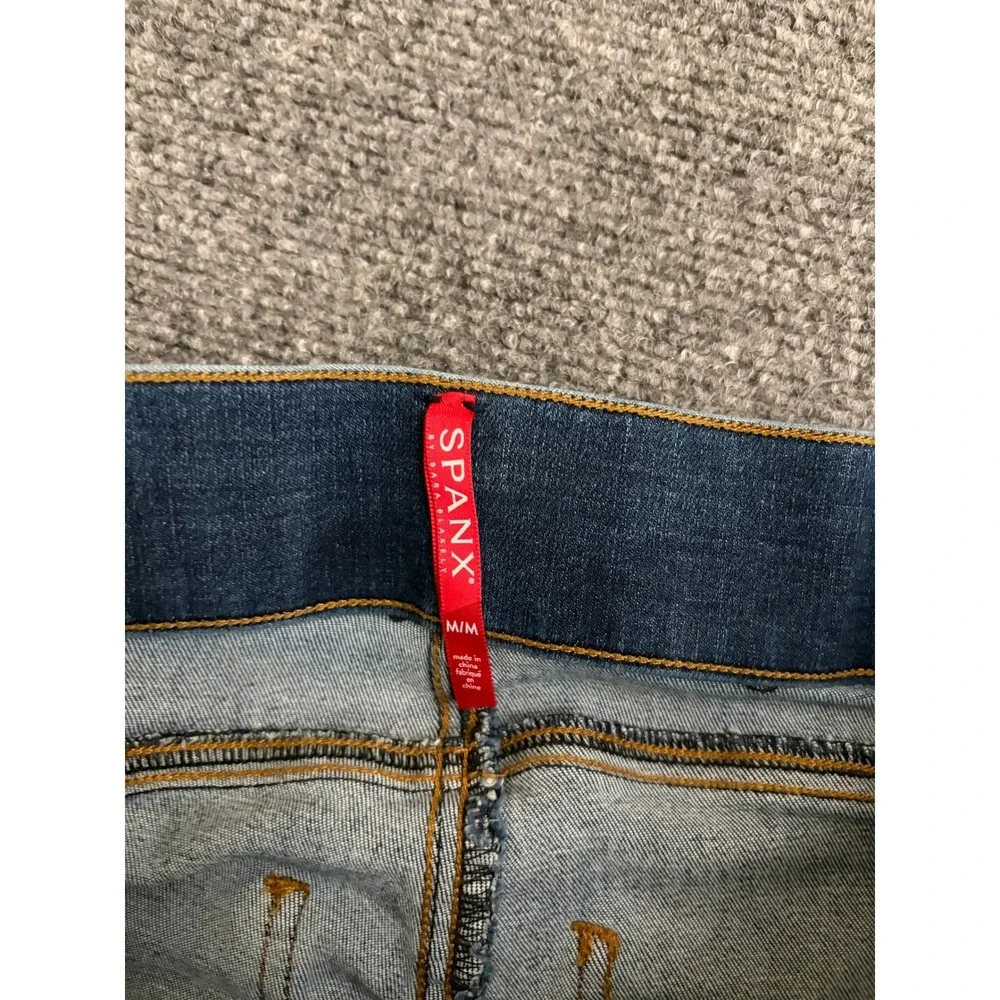Spanx Jean-ish Ankle Leggings Medium Indigo Distressed Raw Hem Pull On Denim